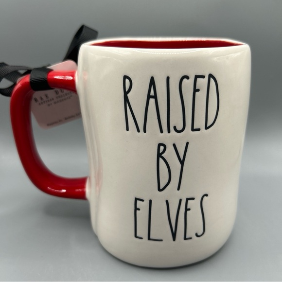 Rae Dunn RAISED BY ELVES 20th Anniversary ELF Red Handle Double Sided Mug NEW - Picture 4 of 4